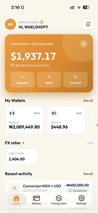 The Cyphalet mobile app home screen with total balance and wallets