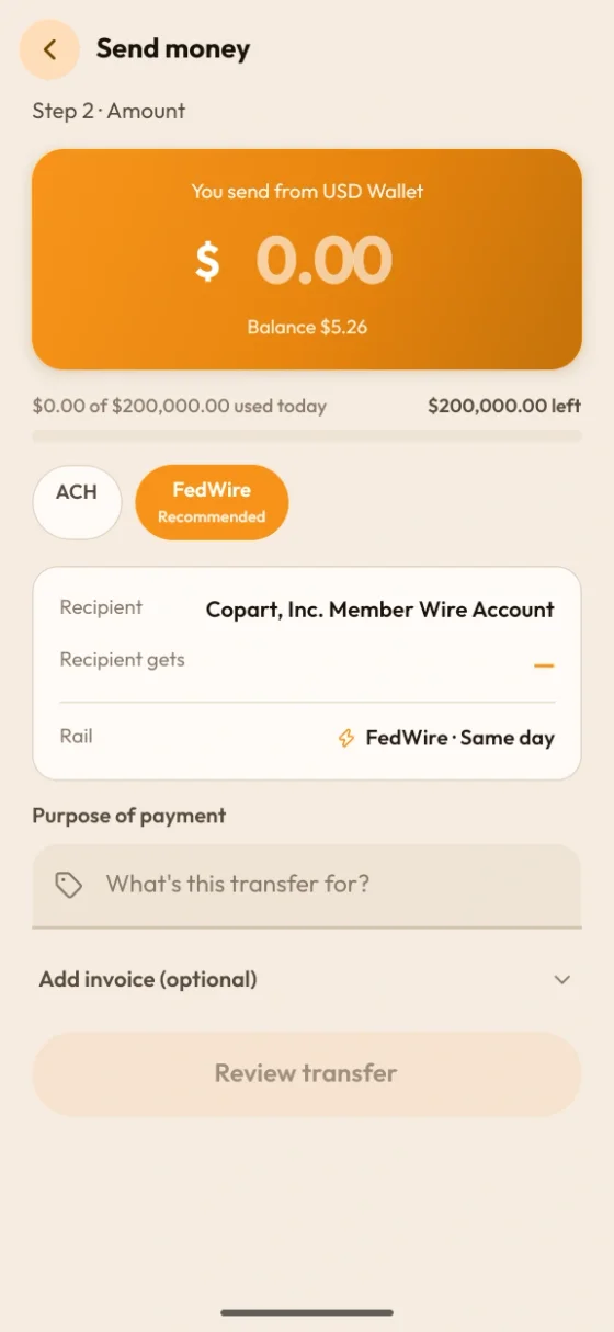 Cyphalet app — enter IAAI payment details