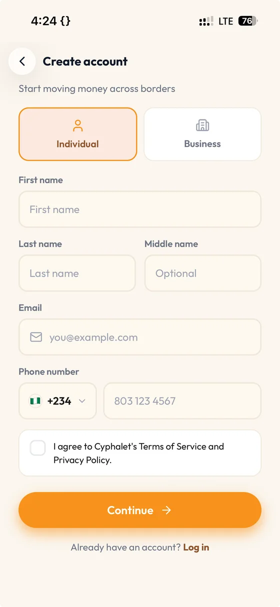 Cyphalet mobile app β create account screen